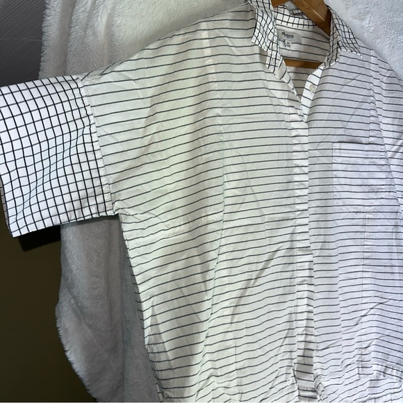 Madewell Grid Mix Stripe Short Sleeve Shirt Blouse Button Front Oversized Top XS - Picture 4 of 10